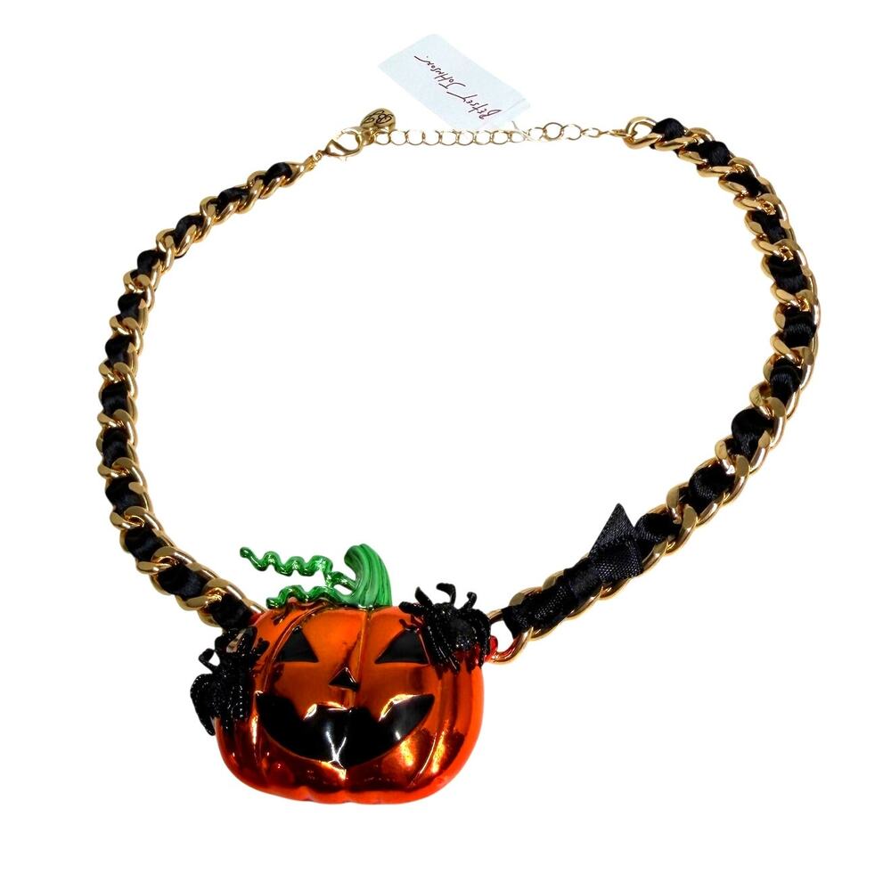 $88 Betsey Johnson Halloween Jack O Lantern Pumpkin & Spider Necklace NWT